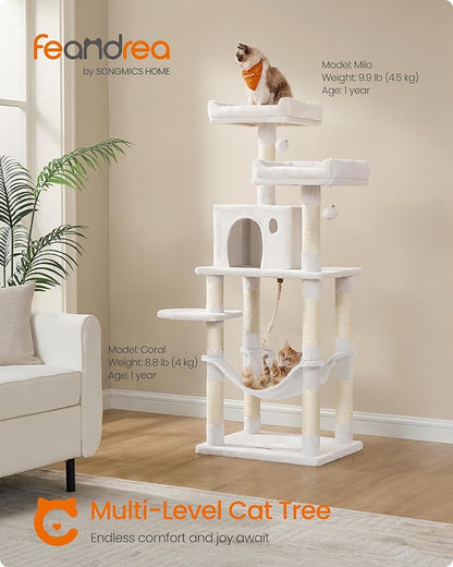 Feandrea Cat Tree, 56.3-Inch Cat Tower, Multi-Level Plush Condo with 11 Scratching Posts, 2 Perches, Hammock, Cave, Cream White UPCT015W02