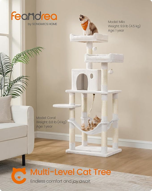 Feandrea Cat Tree, 56.3-Inch Cat Tower, Multi-Level Plush Condo with 11 Scratching Posts, 2 Perches, Hammock, Cave, Cream White UPCT015W02
