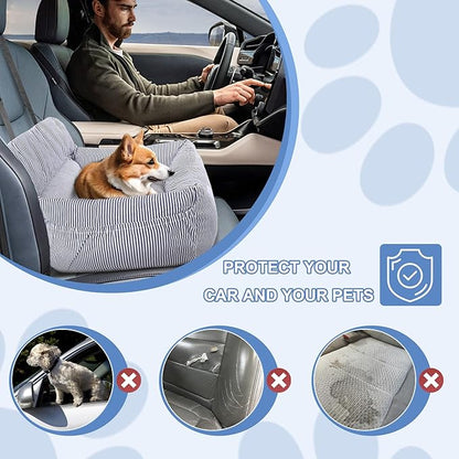 Dog Car Seat for Small Dogs, Pet Booster Seat with Clip-On Safety Leash and Storage Pockets, Washable Travel Dog Car Bed for Puppy (Blue White)