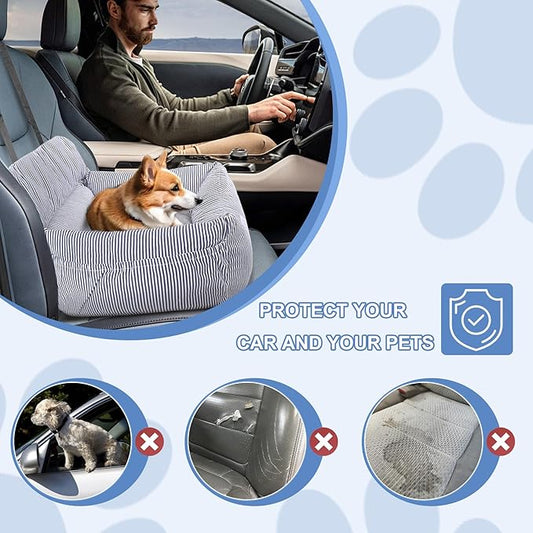 Dog Car Seat for Small Dogs, Pet Booster Seat with Clip-On Safety Leash and Storage Pockets, Washable Travel Dog Car Bed for Puppy (Blue White)