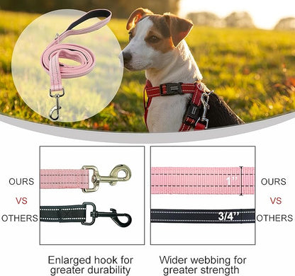 Dual Padded Handle Walking And Training Standard Leashes For Large Dogs With Reflective Stitching, 360° Rotatable Heavy Duty Metal Buckle,D-Ring,Durable Nylon,6Ft Long For Big Dogs Over 70 Pounds Pink