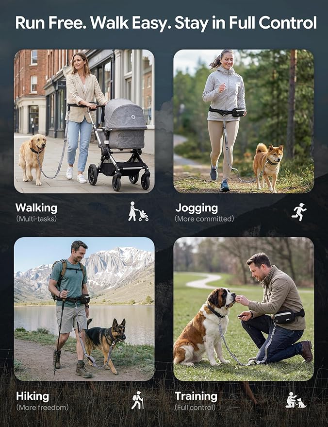Dog Leash Hands Free, Walking Waist Belt with Pouch Removable & Multifunctional|Shock Absorbing Bungee| Thickened Lumbar pad & Comfortable Dual Handles|Dog Running and Training,for 33-120lbs Dogs