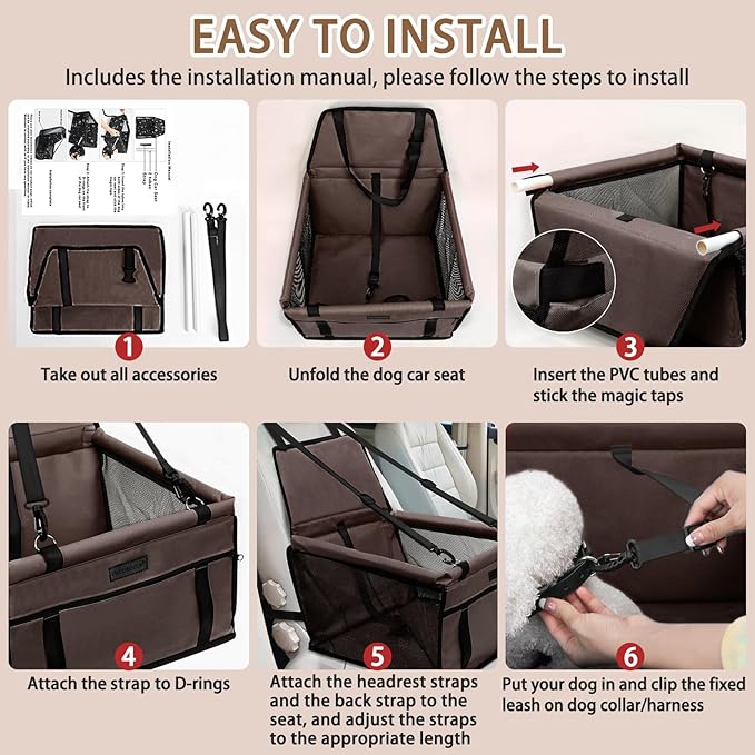 PetsHome Dog Car Seat Foldable Dog Car Booster Seat Waterproof Breathable Oxford Travel Bag for Small to Medium Dogs, Puppies, and Pets-Pure Coffee