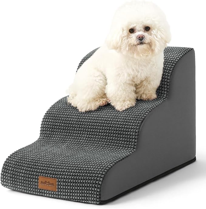 Wide Dog Stairs for Small Dog 15.7" H, Pet Step for Puppy, Older Cat, Curved Ramp for Couch, Durable Anti-Slip Ladder with High Density Foam, 3 Step, 17.7x22.4x15.7 inch, Charcoal Grey