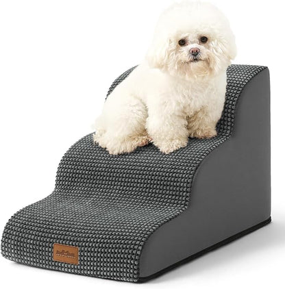 Wide Dog Stairs for Small Dog 15.7" H, Pet Step for Puppy, Older Cat, Curved Ramp for Couch, Durable Anti-Slip Ladder with High Density Foam, 3 Step, 17.7x22.4x15.7 inch, Charcoal Grey