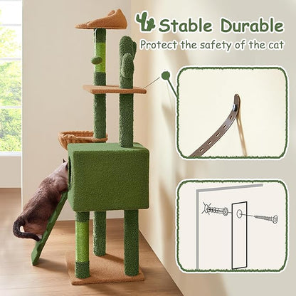Yaheetech | Cactus Cat Tree | 59.5in Cat Tower w/Cute Perch, Cozy Condo, Convenient Climbing Ladder | Moppy Fabric-Covered Cat House for Indoor Cats | Green/Brown
