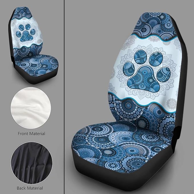 Blue Boho Mandala Dog Paw Printed Car Seat Cover only for Front, Waterproof Soft Universal Bucket Seats Cover Protector Fit Most Vehicles