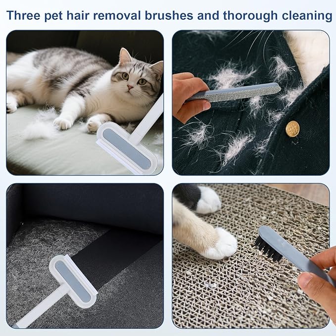 Pet Hair Removal Tool & 2 Cleaning Brushes, Multifunctional Pet Hair Remover Reusable Washable Dog Cat Fur Cleaning Broom for Carpet Sofa Furniture Window Tile