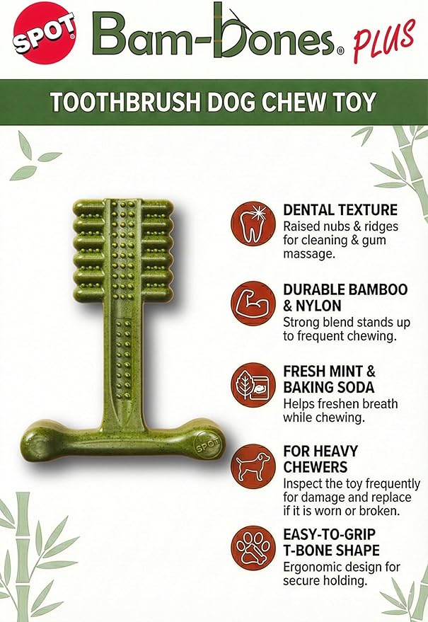 SPOT Bam-Bones Plus Toothbrush Dog Chew Toy, Durable Bamboo Fiber & Nylon Dental Chew, Fresh Mint & Baking Soda for Dental Care, Easy-Grip T-Bone Shape, For Heavy Chewers Under 30 lbs, 4 Inch, 2 Count