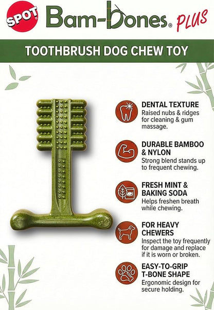 SPOT Bam-Bones Plus Toothbrush Dog Chew Toy, Durable Bamboo Fiber & Nylon Dental Chew, Fresh Mint & Baking Soda for Dental Care, Easy-Grip T-Bone Shape, For Heavy Chewers Under 30 lbs, 4 Inch, 2 Count