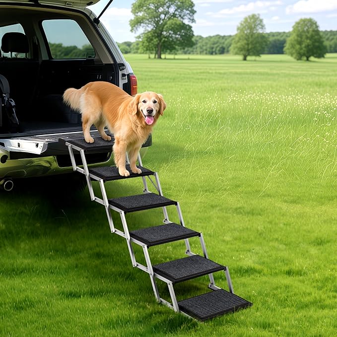Dog Steps for Car, Truck and SUV - Foldable Pet Stairs for Large Dogs with Non-Slip Rug Surface, Lightweight Dog Ramp Holds Up to 250lbs, 6 Steps