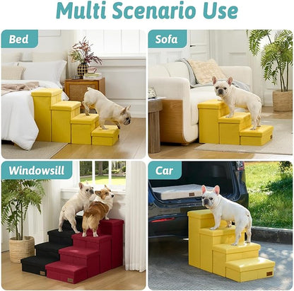 Dog Stairs with Storage, 3-Step Wider Sturdy Dog Steps for Small/Medium/Large Dogs and Older Cats, Folding Doggie Ramp for Bed/Couch/Car Hold Up to 180 lbs (16.7" H, Yellow)