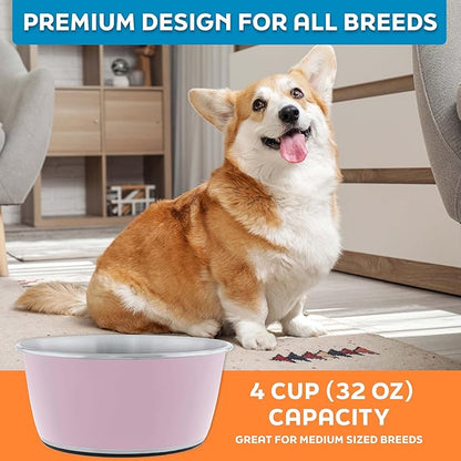 Master Pet Supply Stainless Steel Dog Bowls Set of 2 (32 Oz Each) with Non-Slip Rubber Base - Rose Quartz - Basic Dog Food Bowl Water & Food Bowls for Small Medium Large Dogs & Cats, Metal Dish