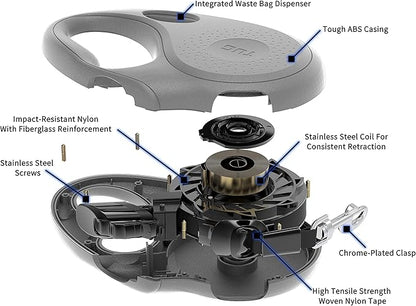 TUG Oval 360° Tangle-Free Retractable Dog Leash with Integrated Waste Bag Dispenser (Large, Grey)