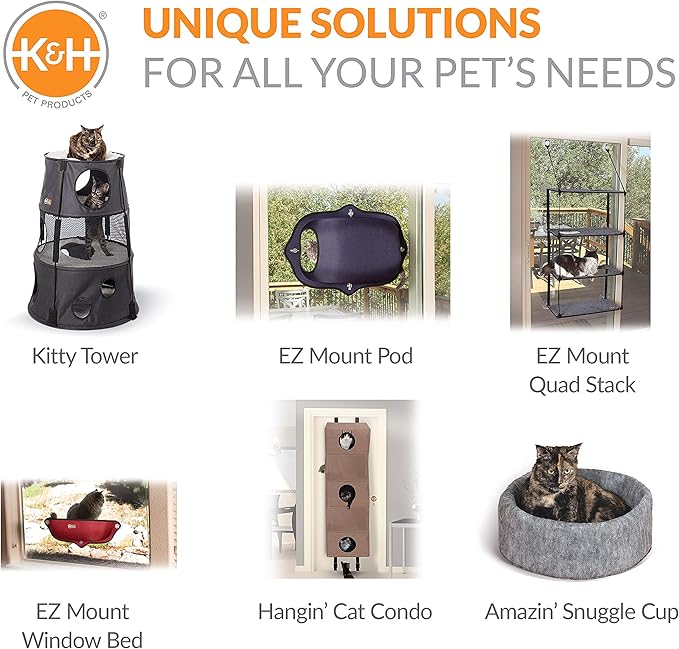 K&H Pet Products EZ Mount Quad Stack Cat Window Perch for Large Cats, Sturdy Window Hammock Bed, Steel Frame, Sturdy Suction Cups, 4 Washable Shelf Covers, Foldable - Fits 27" W X 59" H Glass Spaces