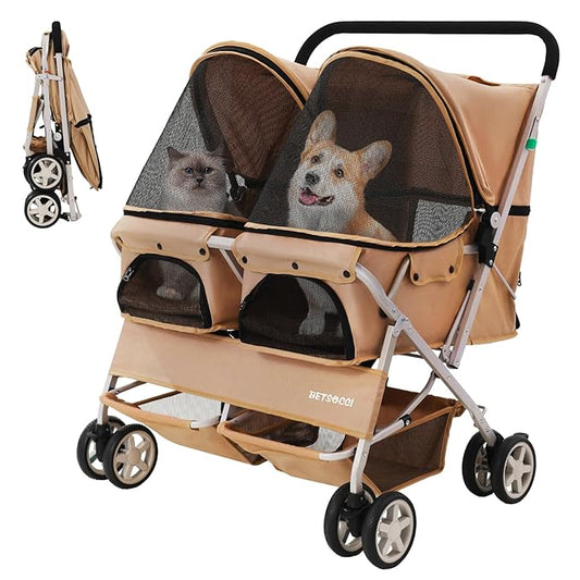 Double Pet Stroller for 2 Small Dogs & Cats, Side-by-Side Twin Travel Carriage with Safety Leashes, Mesh Windows & Double Storage Baskets, Lightweight & Foldable, 44lbs Capacity, White