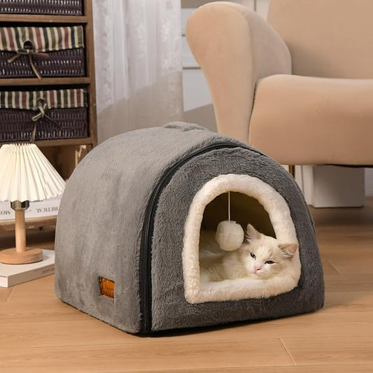 Cat Bed for Indoor Cats，Foldable cat cave，Anti-Slip & Water-Resistant Bottom，cat Houses for Indoor Cats or Small Dogs, Kitten Tent, Rabbit Bed，2 in 1 pet Bed (Dark Grey)