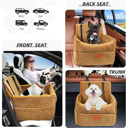 HEGGCOOE Dog Car Seat for Small Medium Dogs, Memory Foam Dog Booster Seats with Thick Cushion for Dogs Under 35lbs, Detachable Washable Pet Car Seat Travel Bed with Storage Pockets,2 Safety Belt