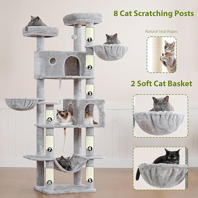 Tall Cat Tree, Large Cat Tower for Adult Cats, 80.7'' (205cm) Heavy-Duty Cat Tree House for Indoor Cats 20 lbs+ with Scratching Posts, 2 Top Perches/Condos, Hammcok, Light Gray GCT034W