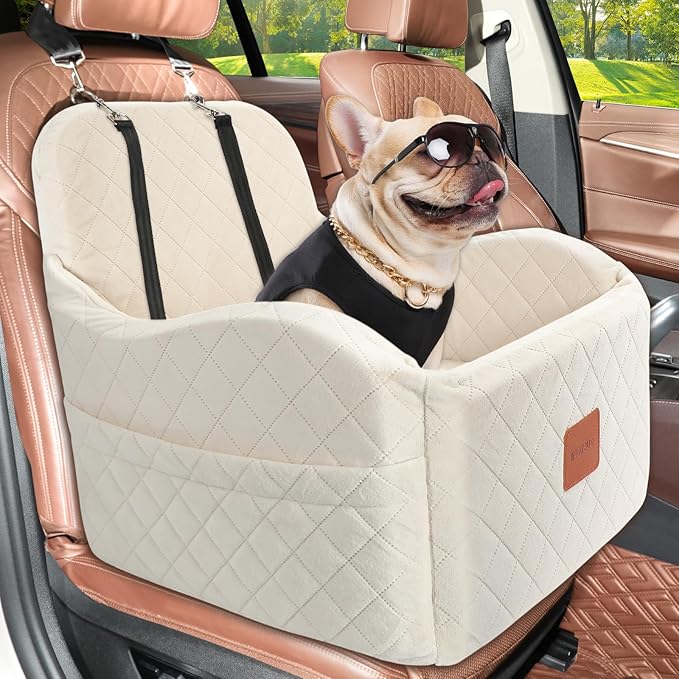 Dog Car Seats for Small Medium Dogs Up to 35lbs, Detachable Washable Soft Pet Booster Travel Bed for Front Seat with Safety Leash Belt (Beige, Medium)