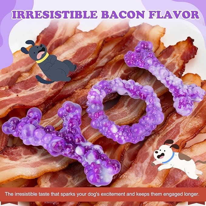 3Pack Dog Chew Toys for Aggressive Chewers, Indestructible Interactive Dog Chew Nylon Bone Toys for for Medium Large Breed 15-60lbs, Teething Toy to Keep Them Busy, Bacon Flavor(Purple)