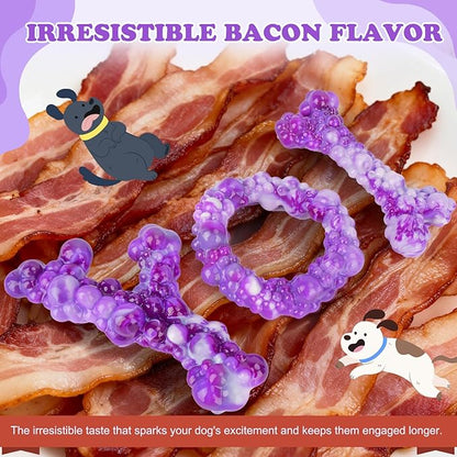3Pack Dog Chew Toys for Aggressive Chewers, Indestructible Interactive Dog Chew Nylon Bone Toys for for Medium Large Breed 15-60lbs, Teething Toy to Keep Them Busy, Bacon Flavor(Purple)