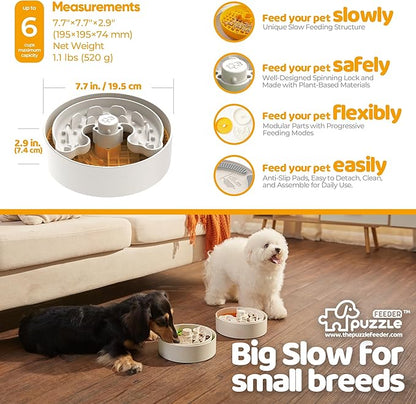 Puzzle Feeder Slow Feeder Dog Bowl with Lick Mat and Puzzle Inserts - Non-Slip Base, Adjustable Speed Design, Dishwasher Safe for Puppies, Orange