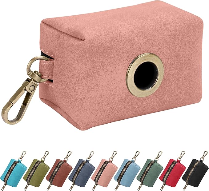 Didog Classic Dog Poop Bag Holder, Easy-Pull and Elegant PU Leather Pet Waste Bag Dispenser for Leash with Carabiner Clip, Includes 1 Roll Dog Waste Bag for Daily Walking,Pink