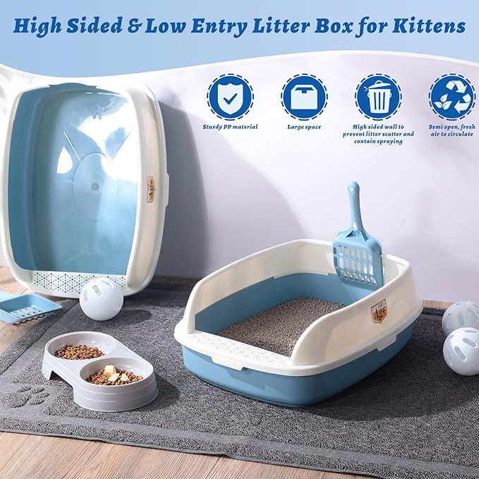 Sliner 7 Pcs Kitten Litter Box Starter Kit, 2 Plastic Small Kitty Litter Box Training Low Entry with Scoop, 2 Double Cat Bowl and Mat for Kitten Indoor(Blue)