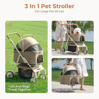 Dog Cat Stroller for Small/Medium Pets up to 55 Lbs, 3-in-1 Foldable Pet Stroller with Detachable Carrier, 4 Wheels, Adjustable Height, Single Foot Brake, Pet Strollers for Travel Outdoor (Khaki