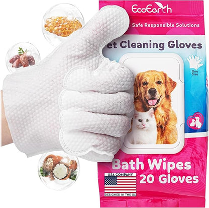 Premium Pet Cleaning Gloves for Dogs & Cats - 1 Bag of 20 Pcs - Disposable Glove Wipes for Bathing, Deodorizing & Grooming - Dog Bath Mitts for Paws, Fur, Face & Butt - Hypoallergenic + Lick Safe