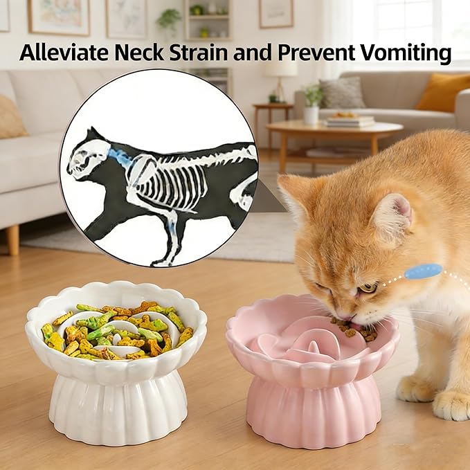 Ceramic Raised Cat Slow Feeder Bowls Whisker Friendly Anti Vomiting Cat Slow Eating Food Bowl for Cats Puppy Dogs Neck Support Plates (Pink)