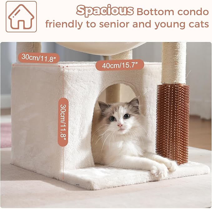 Cat Tree 32 Inches Small Cat Tree for Large Cats Adult Cat Tower with Scratching Post,15.7”Large Hammock and Self Groomer, and Removable Top Perch and Wide Condo for Indoor Cats-Beige