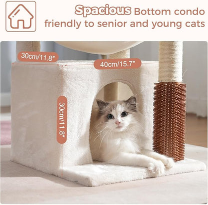 Cat Tree 32 Inches Small Cat Tree for Large Cats Adult Cat Tower with Scratching Post,15.7”Large Hammock and Self Groomer, and Removable Top Perch and Wide Condo for Indoor Cats-Beige