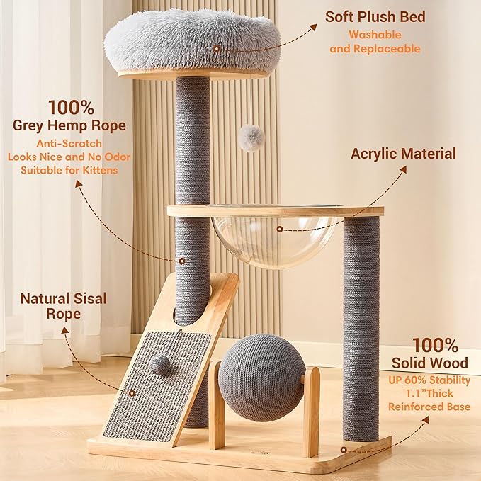 HITTITE Solid Wood Cat Tree Tower with Scratching Post, 37.8 Inches Tall Cat Towers with Scratching Board and Scratcher Ball, Modern Cat Tower With Space Capsule and Removable Top Bed for Indoor Cats.