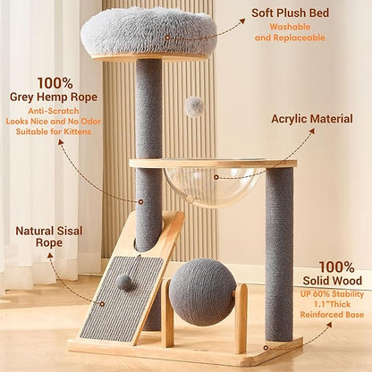 HITTITE Solid Wood Cat Tree Tower with Scratching Post, 37.8 Inches Tall Cat Towers with Scratching Board and Scratcher Ball, Modern Cat Tower With Space Capsule and Removable Top Bed for Indoor Cats.