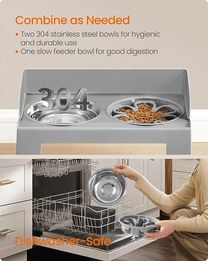 Feandrea Dog Bowls Elevated, Raised Stand with 1 Slow Feeder and Two 304 Stainless Steel Bowls, Adjustable Height and Tilted Design, Dove Gray UPRB103GD01