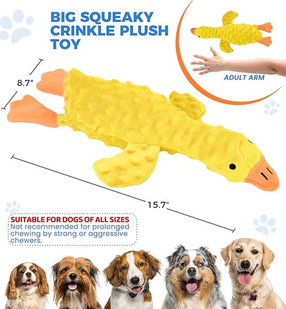 Squeaky Plush Dog Toy for All Breeds, Multifunctional Goose Dog Toy with Honking Sound, Crinkle Paper, Treat Pocket, Durable Soft Stuffed Animal for Chewing, Cuddling, Interactive Play (Yellow)