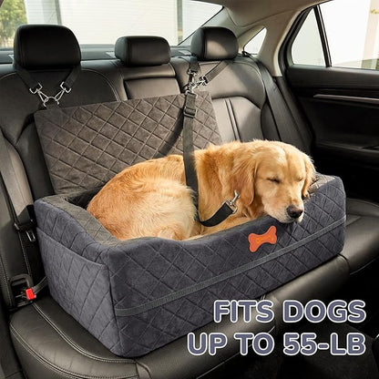 Dog Car Seat for Medium Large Dogs, 4" Elevated Booster Seat with ISOFIX Safety Fixation, Washable Cover & High Density Memory Foam, Portable for Car Front/Rear/Trunk Home Outdoor Use (Charcoal Gray)