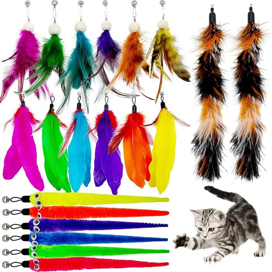 Cat Feather Worm Toy Refills, 20 Pieces Cat Toys Wand Replacement Attachments Assorted Worm Feather Toy for Indoor Cats