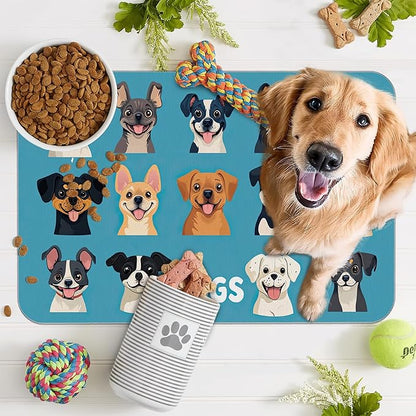 Cute Dog Cat Food Mat,Absorbent Pet Feeding Mat with Rubber Backing,Non-Slip Water Bowl Placemat,Indoor Pet Accessories Supplies 12"x20"