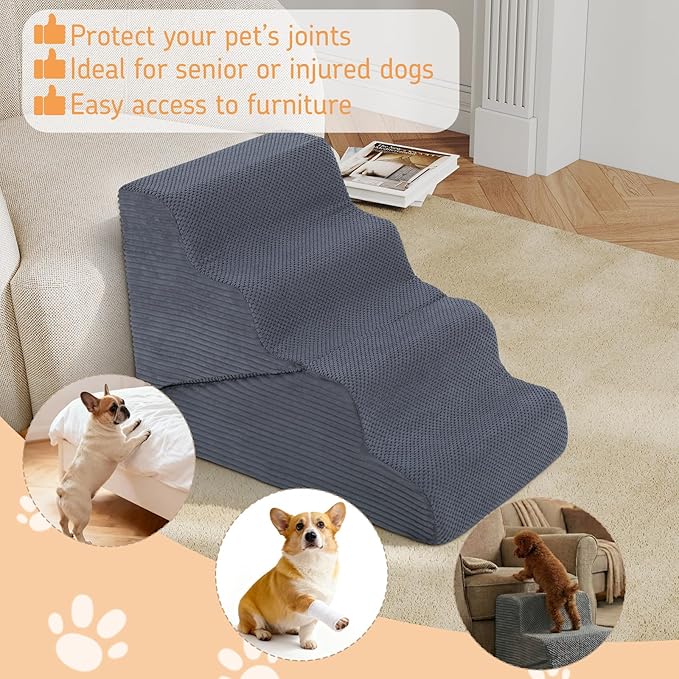 Dog Ramp for Bed, 20" H Dog Stairs for High Bed, 2 in 1 Pet Steps for Small Dogs, 4-Step Foldable Transformable Large Cats Ramp to Get on Couch, Non-Slip Balanced, Grey