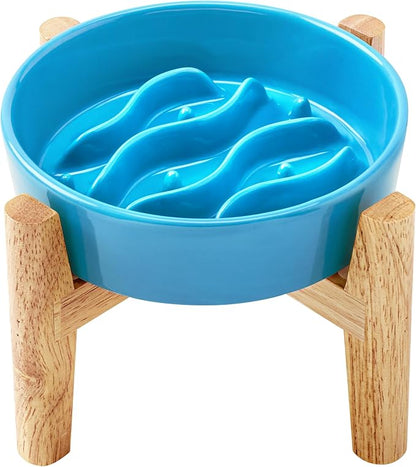 Ceramic Slow Feeder Dog Bowls Elevated, 0.6 Cup Dog Slow Feeder for Small Dogs, Puzzle Maze Bowl, 14oz, 6in, Baby Blue