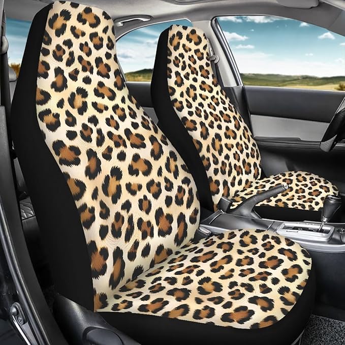 Dreaweet Leopard Print Car Seat Covers Front Seats Brown Cheetah Print Car Accessories for Women 2 Piece Washable Universal Bucket Seat Covers for Cars SUV Sedan