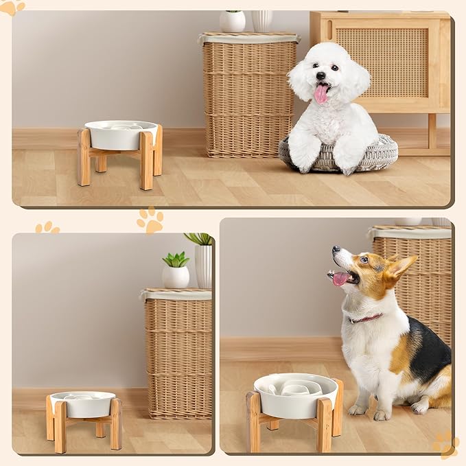 Elevated Slow Feeder Dog Bowl - Ceramic Maze Food Dish with Bamboo Stand - Raised Feeding Bowl for Fast Eaters - Ideal for Small and Medium Dogs - Milky White - 6.7 inch