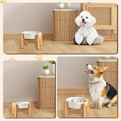Elevated Slow Feeder Dog Bowl - Ceramic Maze Food Dish with Bamboo Stand - Raised Feeding Bowl for Fast Eaters - Ideal for Small and Medium Dogs - Milky White - 6.7 inch