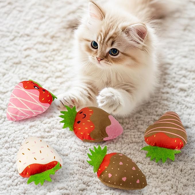 MALLMALL6 Catnip Toys for Cat - 5Pcs Strawberry Chocolate Crinkle Paper Sound Catmint Toy for Indoor Kitten, Teething Chew Kick Interactive Kitty Supplies, Pet Present for Kitten Lover