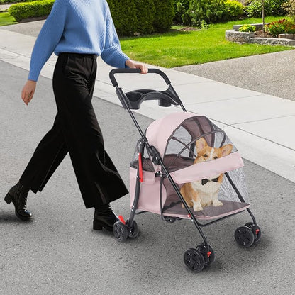 Foldable Pet Stroller w/Lockable Brakes,40lbs Capacity Ventilated Mesh Carrier Cart for Small Medium Dogs & Cats,Dog Stroller (Pale Pinkish Grey)