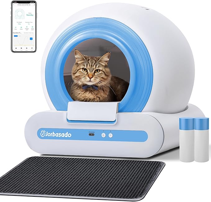 J JORBASADO Self Cleaning Litter Box, 65L+9L Automatic Cat Litter Box Self Cleaning for Multiple Cats, with APP Control and Safety Protection