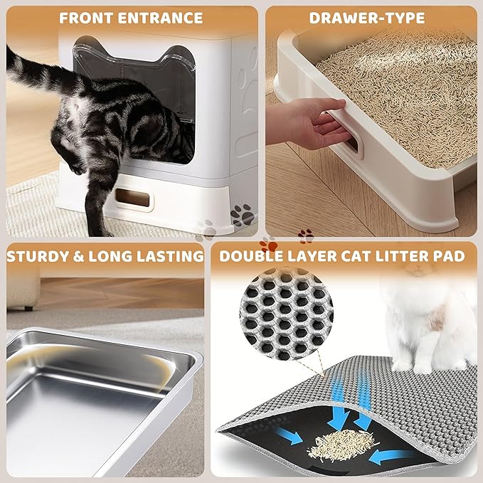 Enclosed Cat Litter Box with Lid Top Exit Covered Metal Stainless Steel Litter Box Leak Proof & Odorless Easy to Clean Including Cat Litter Scoop and Litter Mat